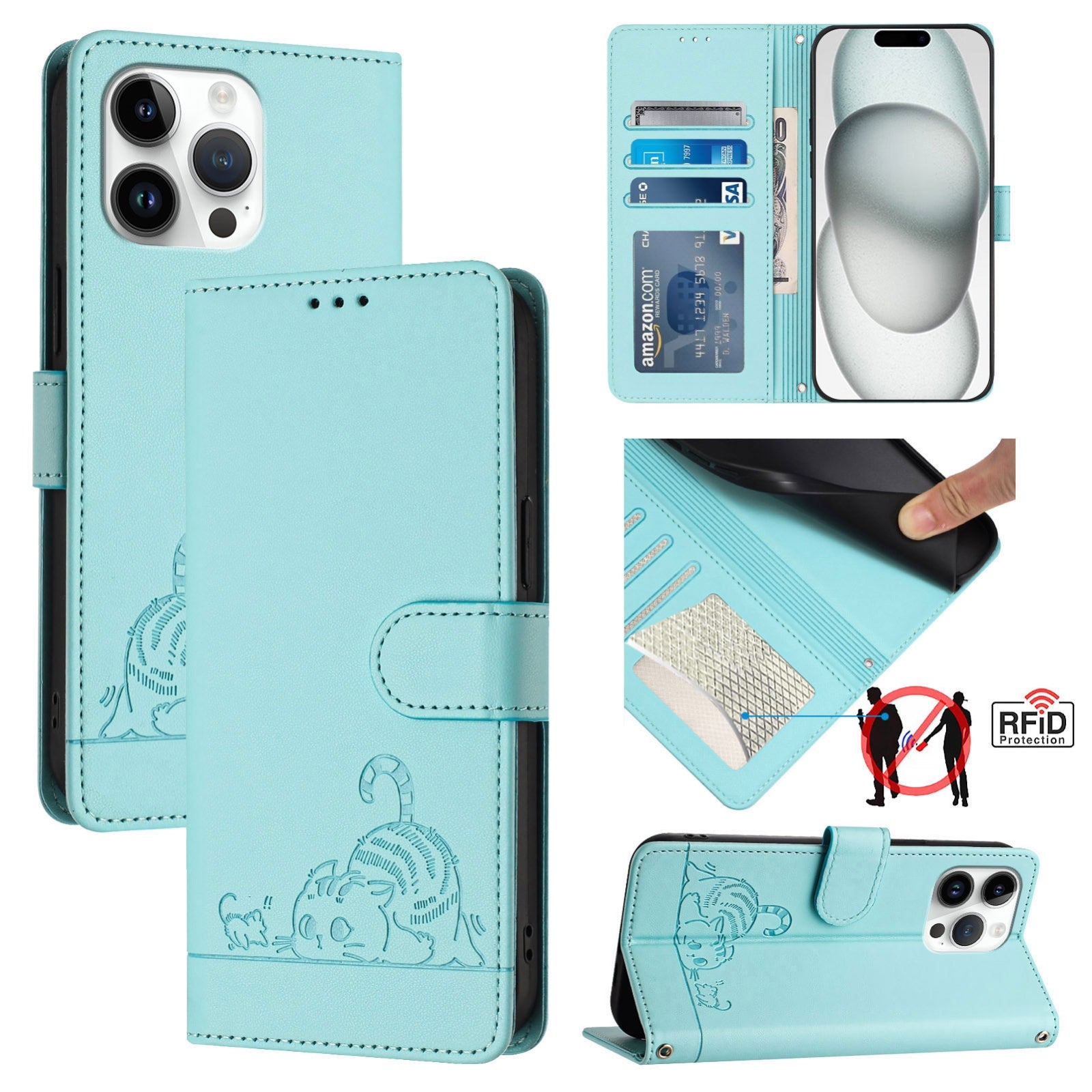 iPhone 15 Pro Max Cat and Mouse Embossed PU Leather RFID Case with Wallet Slots, Anti-Fall Protection, Kickstand, and Lanyard-buycases.co.uk