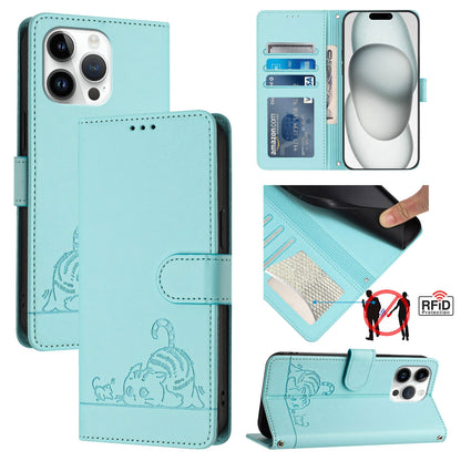 iPhone 15 Pro Max Cat and Mouse Embossed PU Leather RFID Case with Wallet Slots, Anti-Fall Protection, Kickstand, and Lanyard-buycases.co.uk