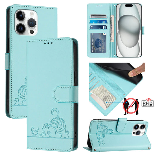 iPhone 15 Pro Max Cat and Mouse Embossed PU Leather RFID Case with Wallet Slots, Anti-Fall Protection, Kickstand, and Lanyard-buycases.co.uk
