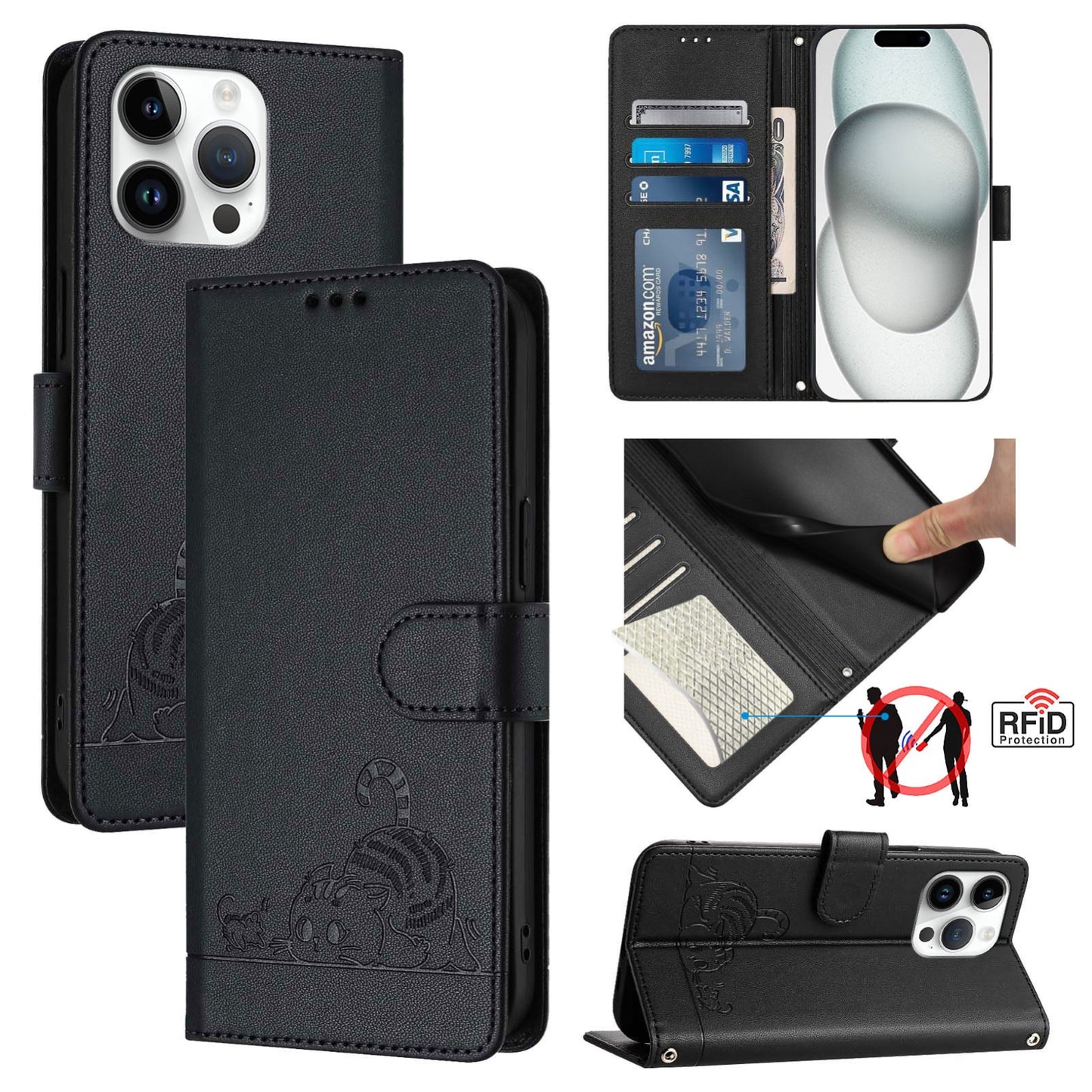 iPhone 15 Pro Max Cat and Mouse Embossed PU Leather RFID Case with Wallet Slots, Anti-Fall Protection, Kickstand, and Lanyard-buycases.co.uk