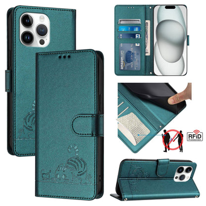 iPhone 15 Pro Max Cat and Mouse Embossed PU Leather RFID Case with Wallet Slots, Anti-Fall Protection, Kickstand, and Lanyard-buycases.co.uk