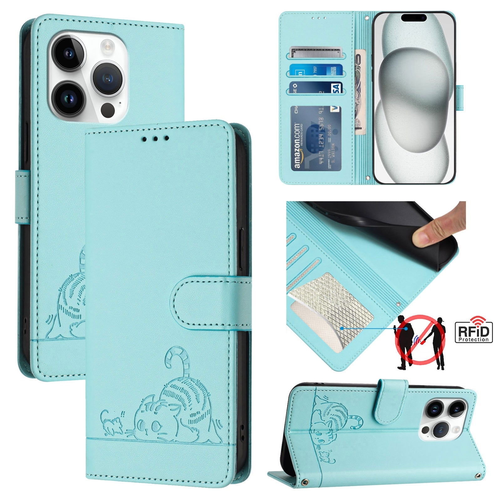 iPhone 15 Pro Cat and Mouse Embossed PU Leather RFID Case with Wallet Slots, Anti-Fall Protection, Kickstand, and Lanyard-buycases.co.uk