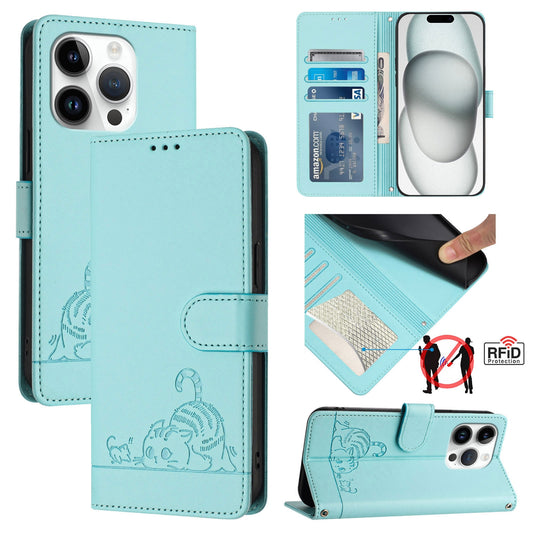 iPhone 15 Pro Cat and Mouse Embossed PU Leather RFID Case with Wallet Slots, Anti-Fall Protection, Kickstand, and Lanyard-buycases.co.uk