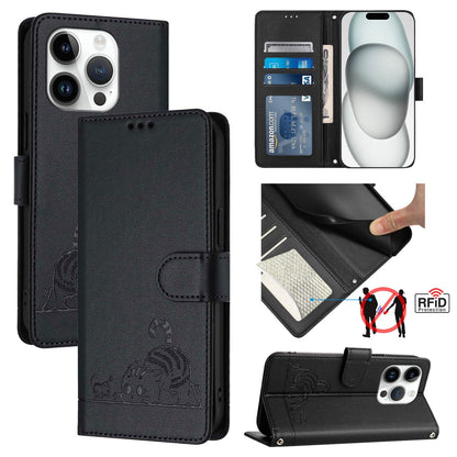 iPhone 15 Pro Cat and Mouse Embossed PU Leather RFID Case with Wallet Slots, Anti-Fall Protection, Kickstand, and Lanyard-buycases.co.uk