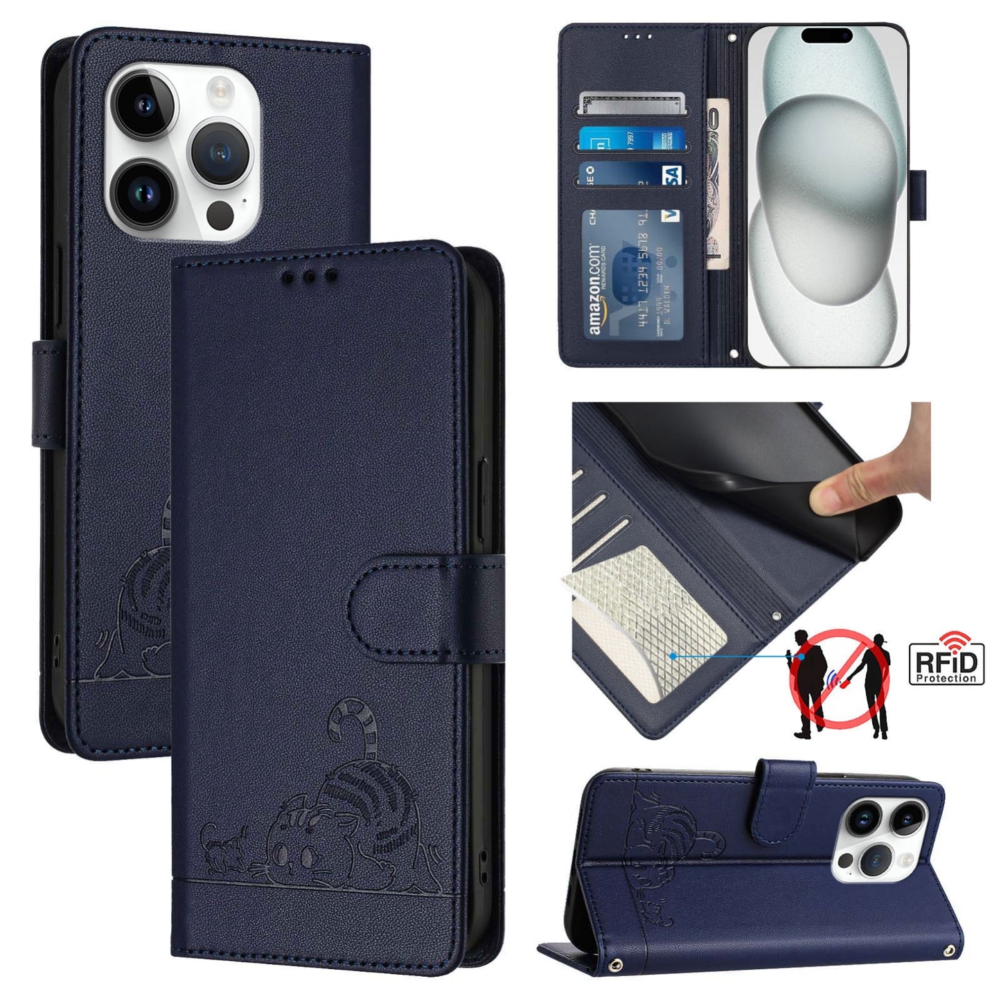 iPhone 15 Pro Cat and Mouse Embossed PU Leather RFID Case with Wallet Slots, Anti-Fall Protection, Kickstand, and Lanyard-buycases.co.uk