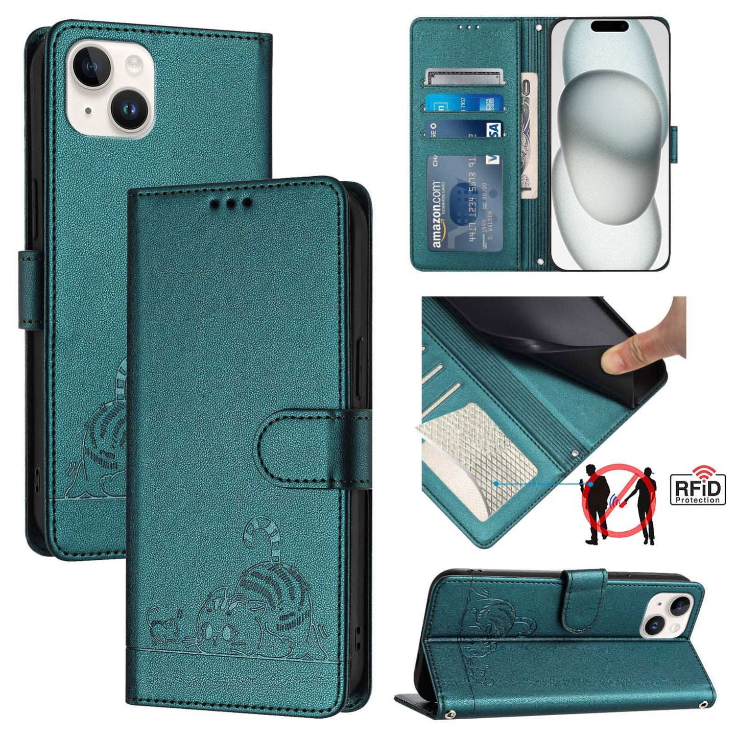 iPhone 15 Plus Cat and Mouse Embossed PU Leather RFID Case with Wallet Slots, Anti-Fall Protection, Kickstand, and Lanyard-buycases.co.uk