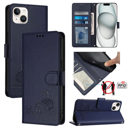 iPhone 15 Plus Cat and Mouse Embossed PU Leather RFID Case with Wallet Slots, Anti-Fall Protection, Kickstand, and Lanyard-buycases.co.uk