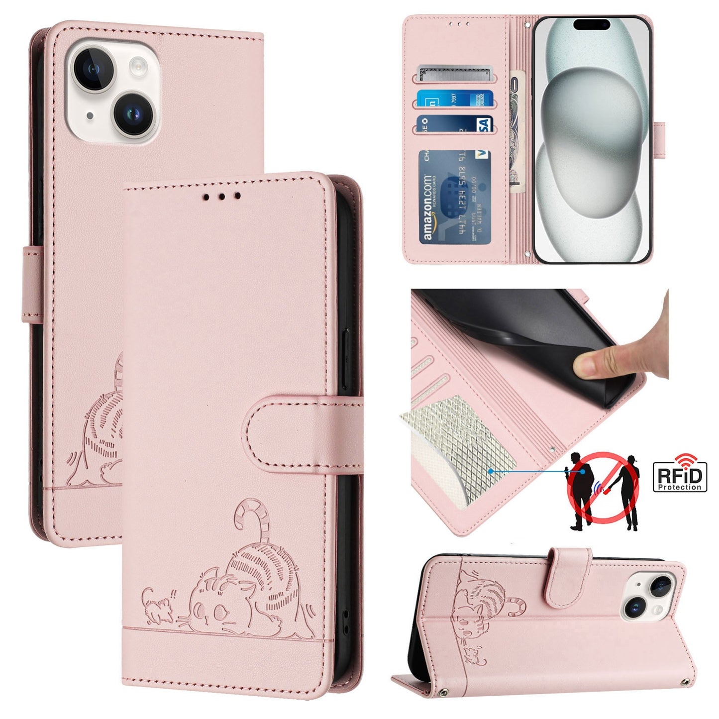 iPhone 15 Cat and Mouse Embossed PU Leather RFID Case with Wallet Slots, Anti-Fall Protection, Kickstand, and Lanyard-buycases.co.uk