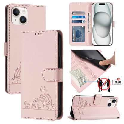 iPhone 15 Cat and Mouse Embossed PU Leather RFID Case with Wallet Slots, Anti-Fall Protection, Kickstand, and Lanyard-buycases.co.uk