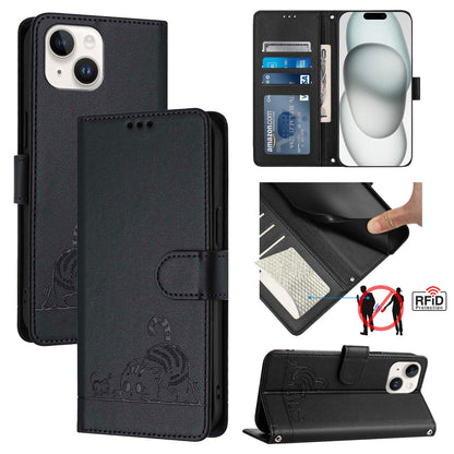 iPhone 15 Cat and Mouse Embossed PU Leather RFID Case with Wallet Slots, Anti-Fall Protection, Kickstand, and Lanyard-buycases.co.uk