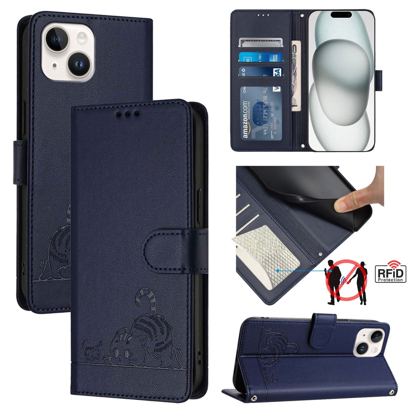 iPhone 15 Cat and Mouse Embossed PU Leather RFID Case with Wallet Slots, Anti-Fall Protection, Kickstand, and Lanyard-buycases.co.uk