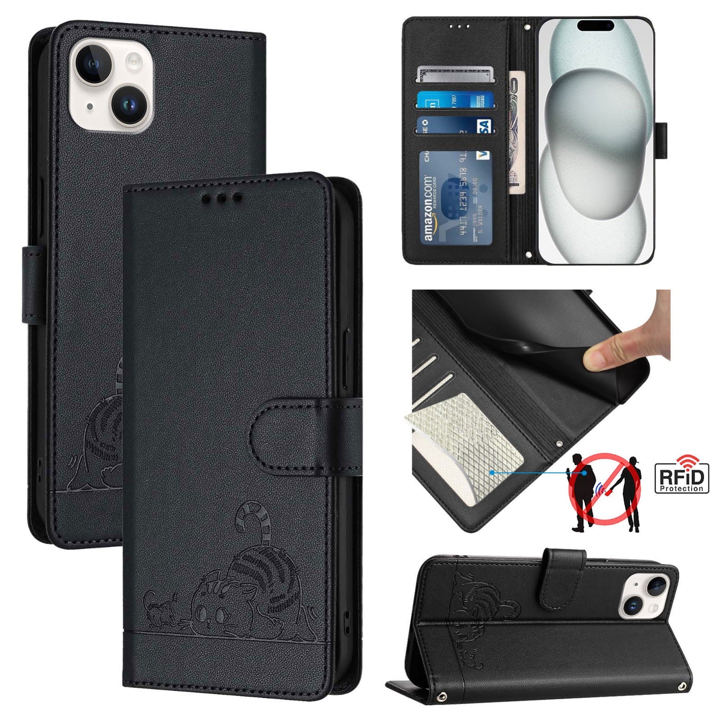 iPhone 14 Plus Cat and Mouse Embossed PU Leather RFID Case with Wallet Slots, Anti-Fall Protection, Kickstand, and Lanyard-buycases.co.uk