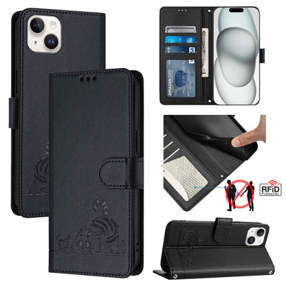 iPhone 14 Plus Cat and Mouse Embossed PU Leather RFID Case with Wallet Slots, Anti-Fall Protection, Kickstand, and Lanyard-buycases.co.uk