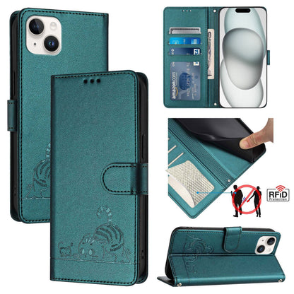 iPhone 14 Plus Cat and Mouse Embossed PU Leather RFID Case with Wallet Slots, Anti-Fall Protection, Kickstand, and Lanyard-buycases.co.uk