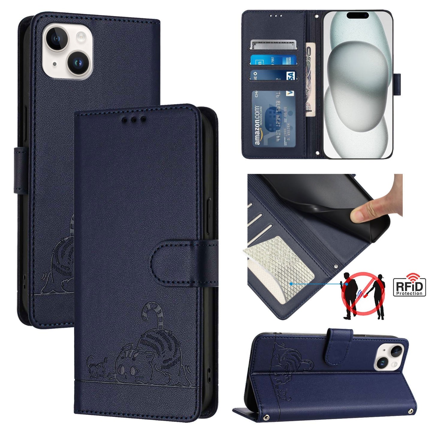 iPhone 14 Plus Cat and Mouse Embossed PU Leather RFID Case with Wallet Slots, Anti-Fall Protection, Kickstand, and Lanyard-buycases.co.uk