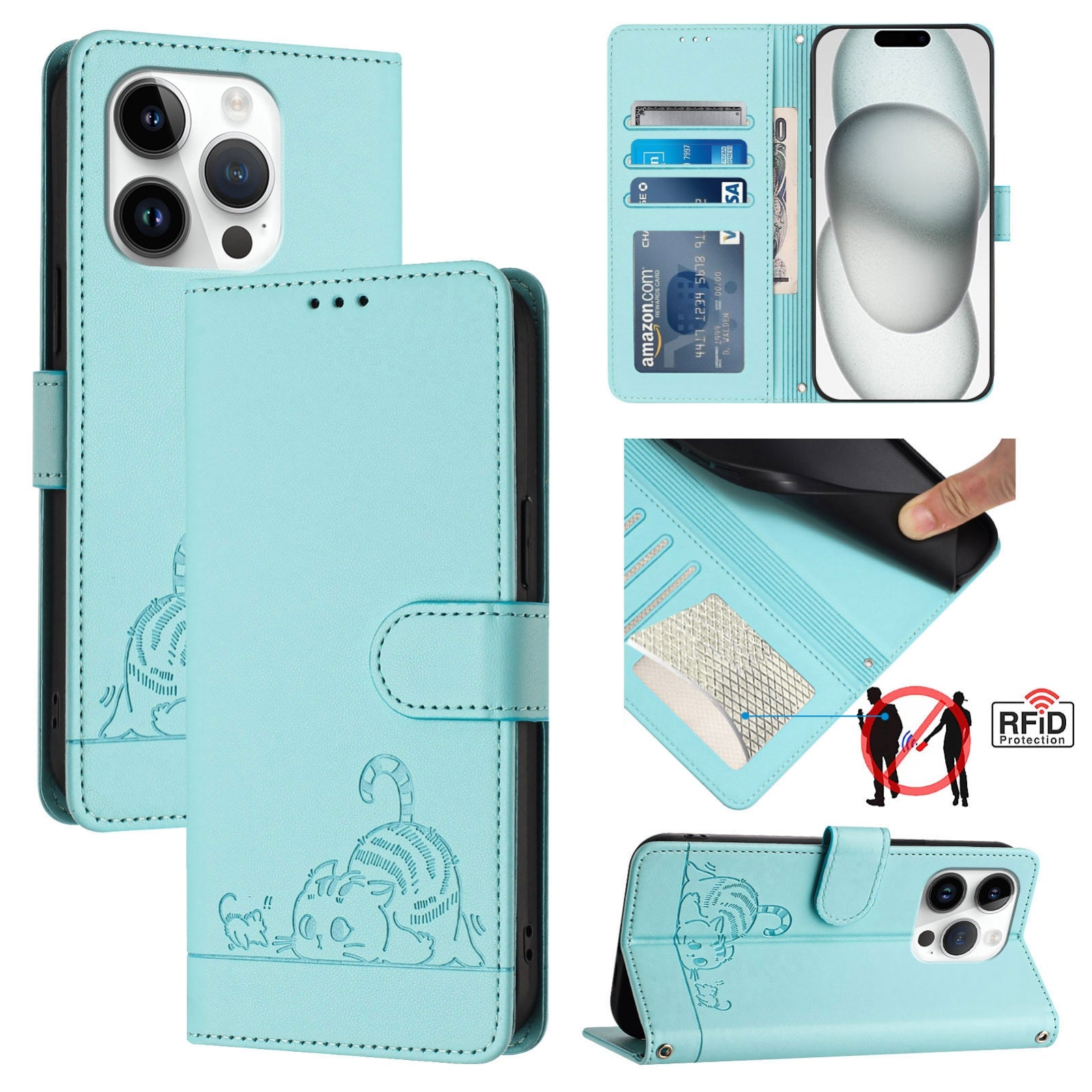 iPhone 14 Pro Cat and Mouse Embossed PU Leather RFID Case with Wallet Slots, Anti-Fall Protection, Kickstand, and Lanyard-buycases.co.uk
