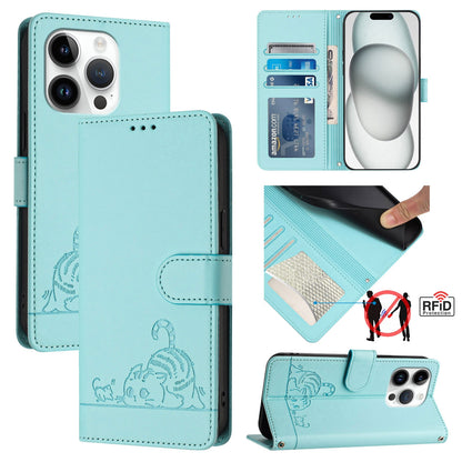 iPhone 14 Pro Cat and Mouse Embossed PU Leather RFID Case with Wallet Slots, Anti-Fall Protection, Kickstand, and Lanyard-buycases.co.uk