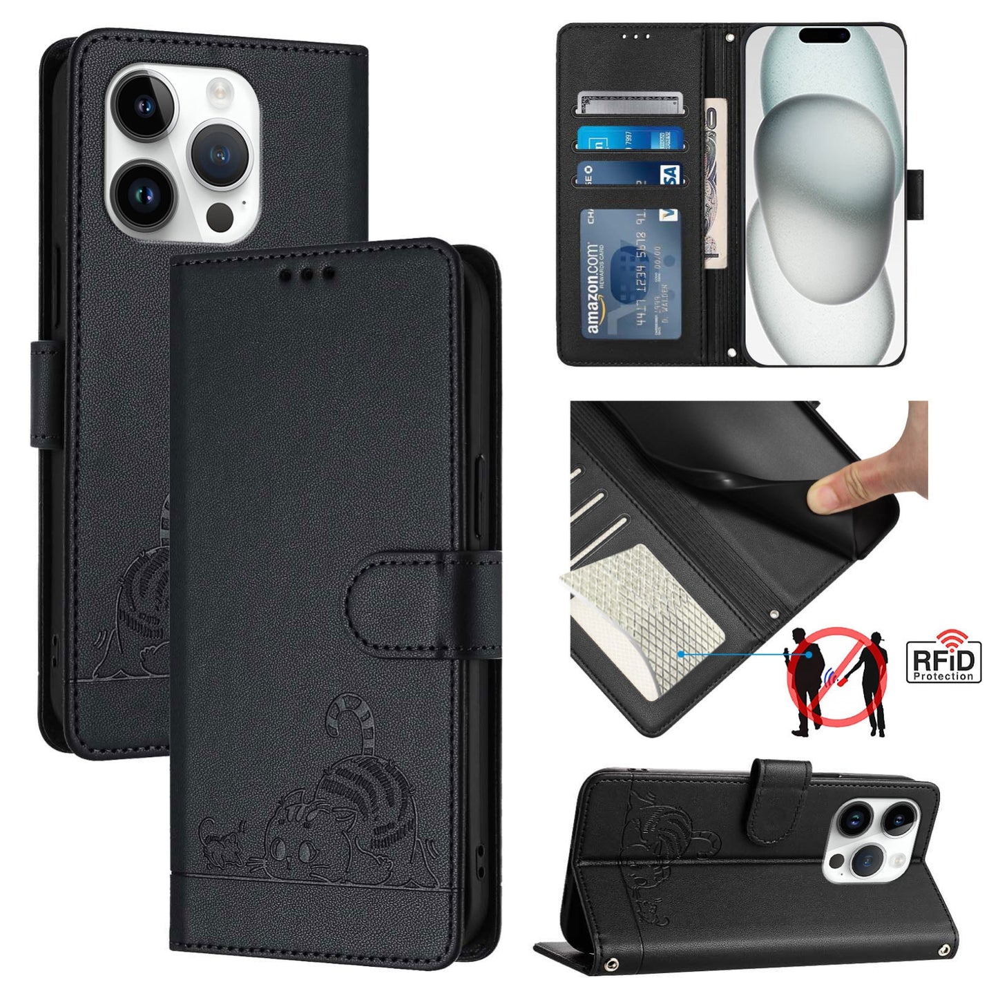 iPhone 14 Pro Cat and Mouse Embossed PU Leather RFID Case with Wallet Slots, Anti-Fall Protection, Kickstand, and Lanyard-buycases.co.uk