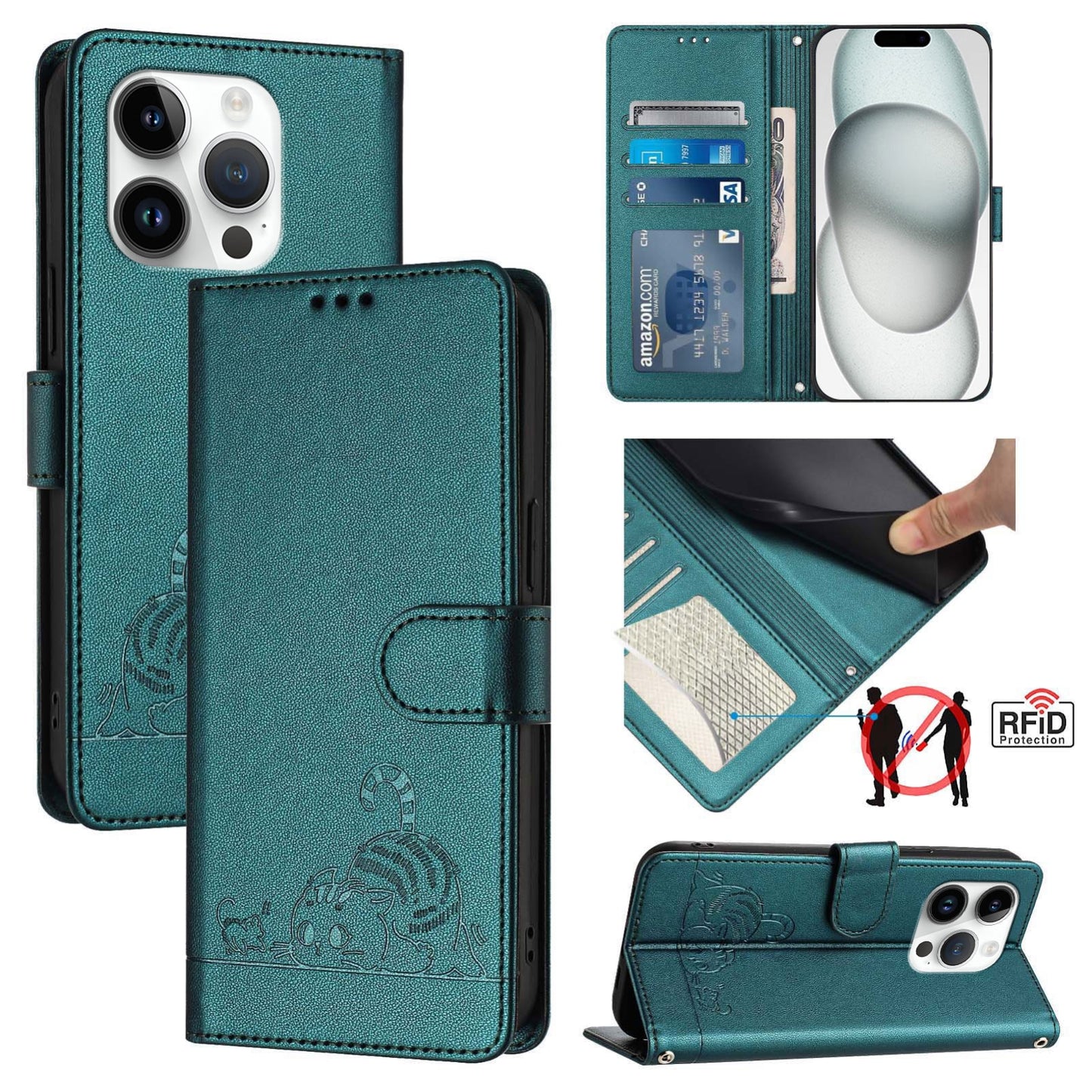 iPhone 14 Pro Cat and Mouse Embossed PU Leather RFID Case with Wallet Slots, Anti-Fall Protection, Kickstand, and Lanyard-buycases.co.uk