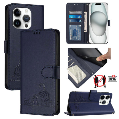 iPhone 14 Pro Cat and Mouse Embossed PU Leather RFID Case with Wallet Slots, Anti-Fall Protection, Kickstand, and Lanyard-buycases.co.uk
