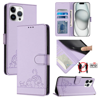 iPhone 13 Pro Max Cat and Mouse Embossed PU Leather RFID Case with Wallet Slots, Anti-Fall Protection, Kickstand, and Lanyard-buycases.co.uk