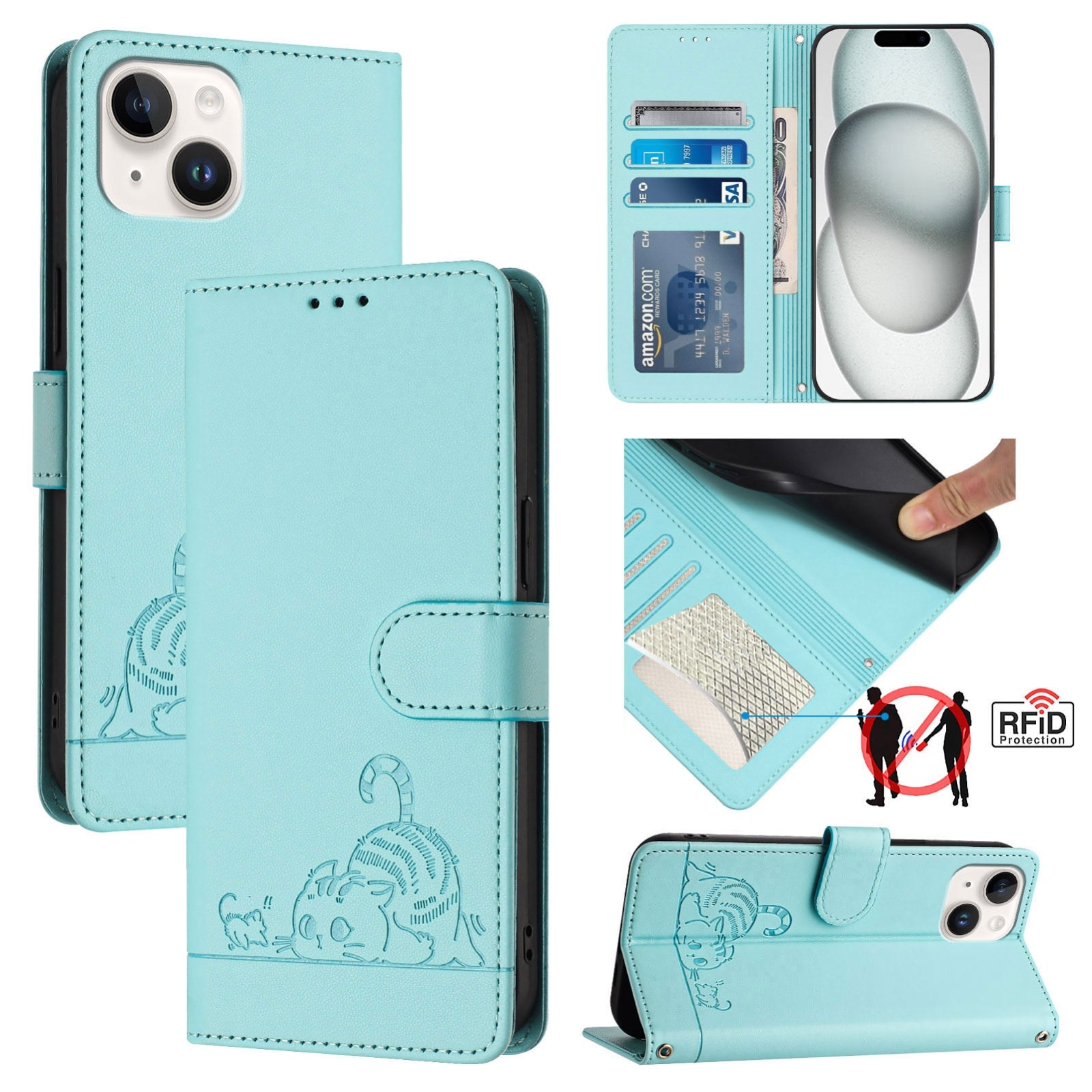 iPhone 13 mini Cat and Mouse Embossed PU Leather RFID Case with Wallet Slots, Anti-Fall Protection, Kickstand, and Lanyard-buycases.co.uk