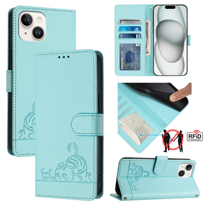 iPhone 13 mini Cat and Mouse Embossed PU Leather RFID Case with Wallet Slots, Anti-Fall Protection, Kickstand, and Lanyard-buycases.co.uk