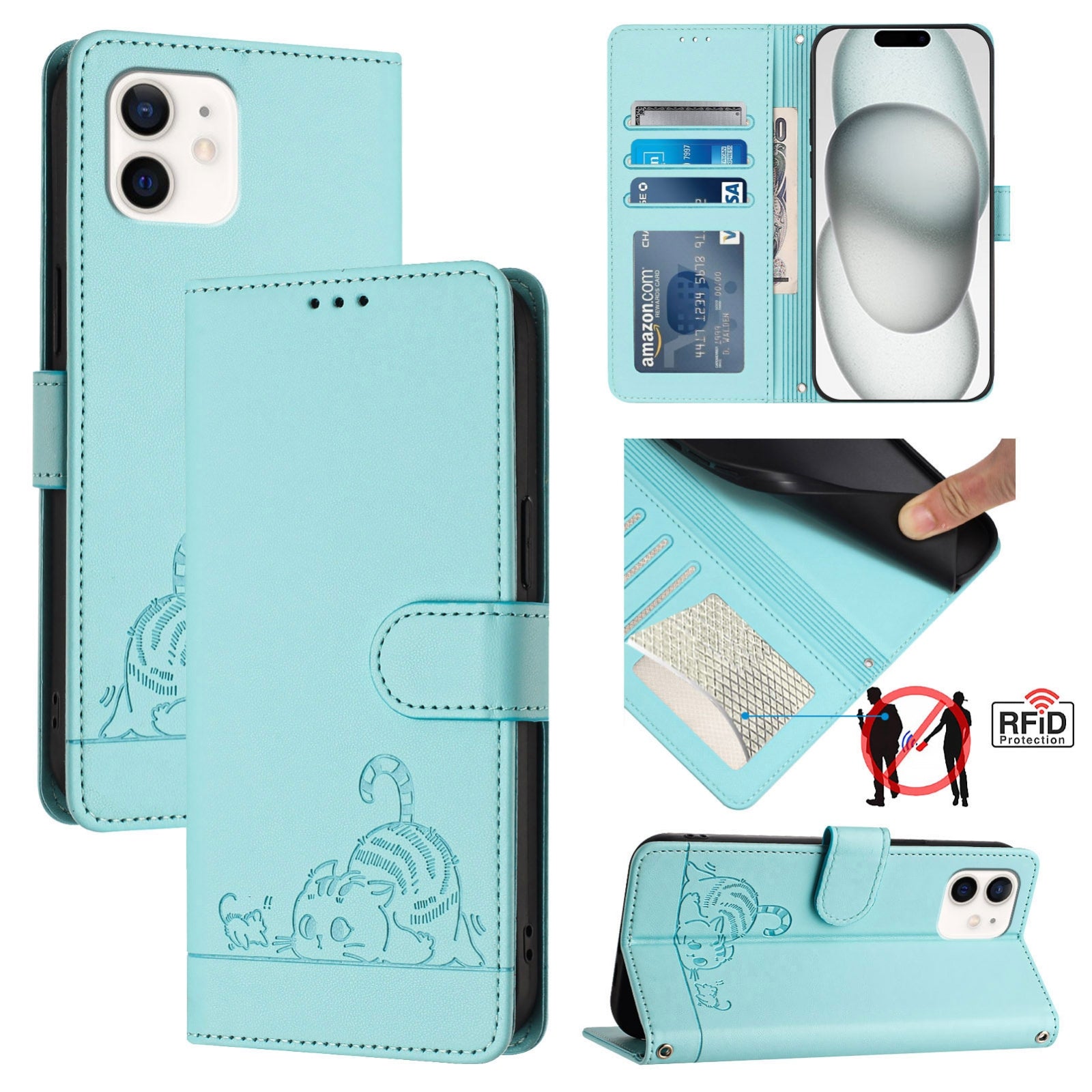 iPhone 12 Cat and Mouse Embossed PU Leather RFID Case with Wallet Slots, Anti-Fall Protection, Kickstand, and Lanyard-buycases.co.uk