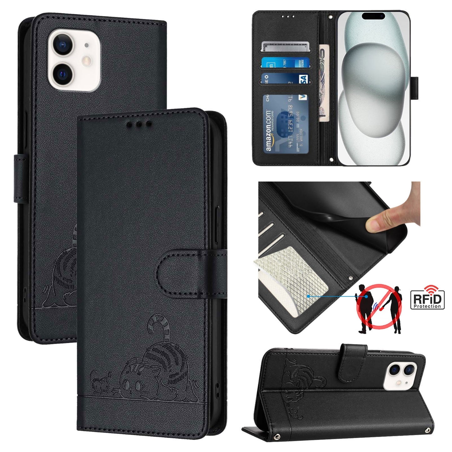 iPhone 12 Pro Cat and Mouse Embossed PU Leather RFID Case with Wallet Slots, Anti-Fall Protection, Kickstand, and Lanyard-buycases.co.uk
