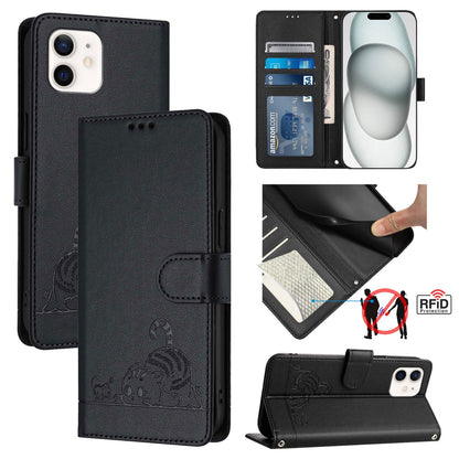 iPhone 12 Pro Cat and Mouse Embossed PU Leather RFID Case with Wallet Slots, Anti-Fall Protection, Kickstand, and Lanyard-buycases.co.uk