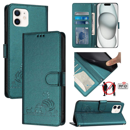 iPhone 12 Cat and Mouse Embossed PU Leather RFID Case with Wallet Slots, Anti-Fall Protection, Kickstand, and Lanyard-buycases.co.uk