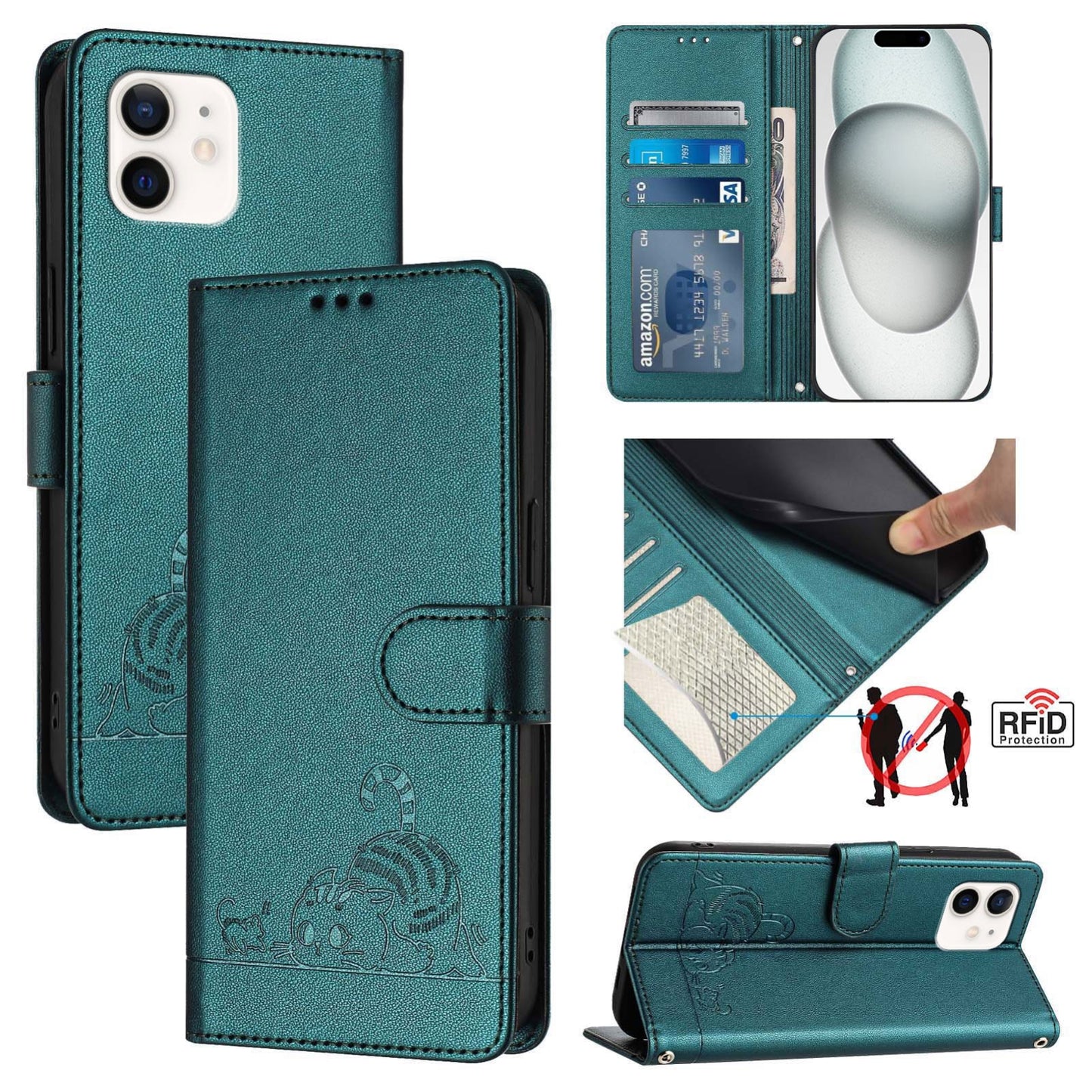 iPhone 12 Pro Cat and Mouse Embossed PU Leather RFID Case with Wallet Slots, Anti-Fall Protection, Kickstand, and Lanyard-buycases.co.uk