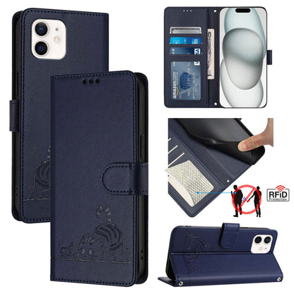 iPhone 12 Pro Cat and Mouse Embossed PU Leather RFID Case with Wallet Slots, Anti-Fall Protection, Kickstand, and Lanyard-buycases.co.uk