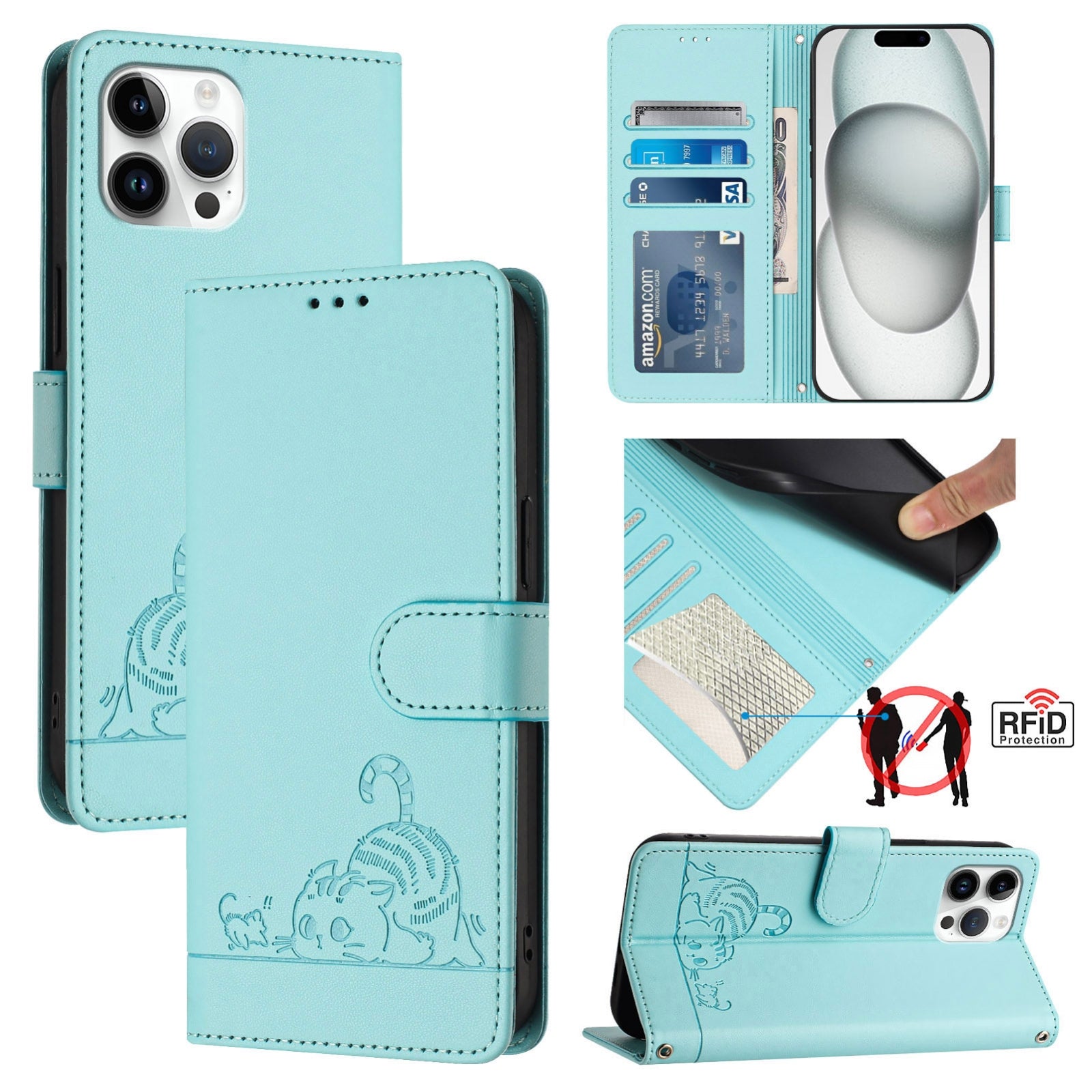 iPhone 12 Pro Max Cat and Mouse Embossed PU Leather RFID Case with Wallet Slots, Anti-Fall Protection, Kickstand, and Lanyard-buycases.co.uk