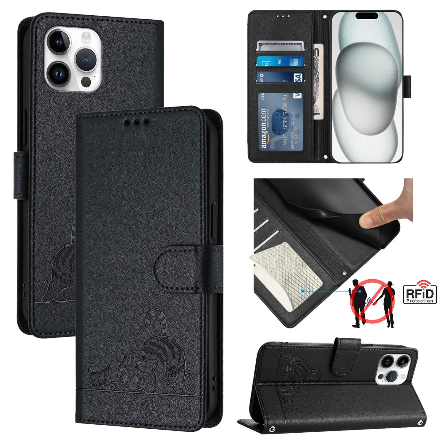 iPhone 12 Pro Max Cat and Mouse Embossed PU Leather RFID Case with Wallet Slots, Anti-Fall Protection, Kickstand, and Lanyard-buycases.co.uk