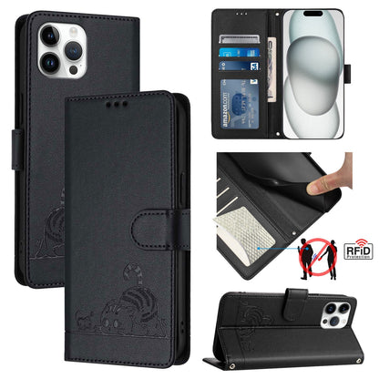 iPhone 12 Pro Max Cat and Mouse Embossed PU Leather RFID Case with Wallet Slots, Anti-Fall Protection, Kickstand, and Lanyard-buycases.co.uk
