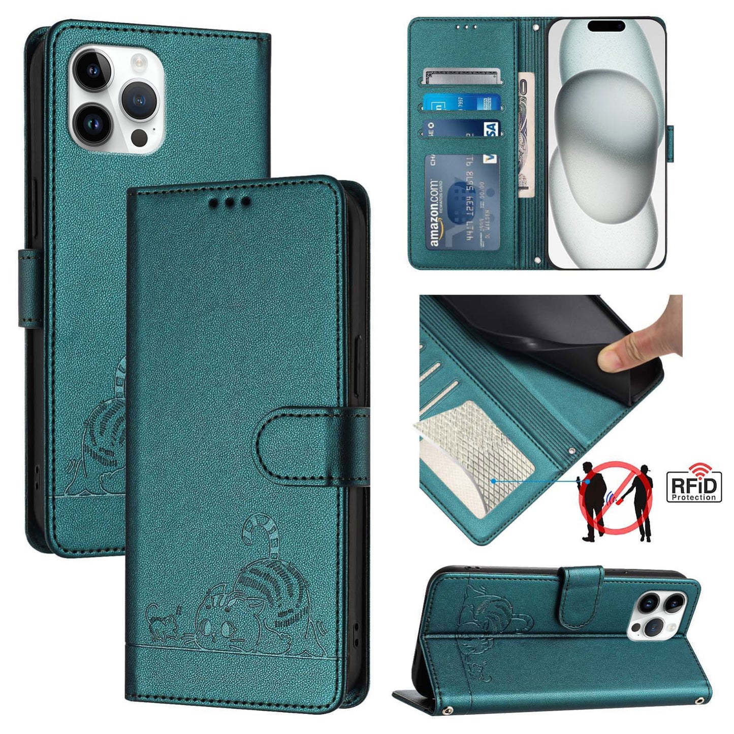 iPhone 12 Pro Max Cat and Mouse Embossed PU Leather RFID Case with Wallet Slots, Anti-Fall Protection, Kickstand, and Lanyard-buycases.co.uk