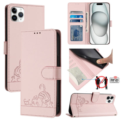 iPhone 11 Pro Max Cat and Mouse Embossed PU Leather RFID Case with Wallet Slots, Anti-Fall Protection, Kickstand, and Lanyard-buycases.co.uk