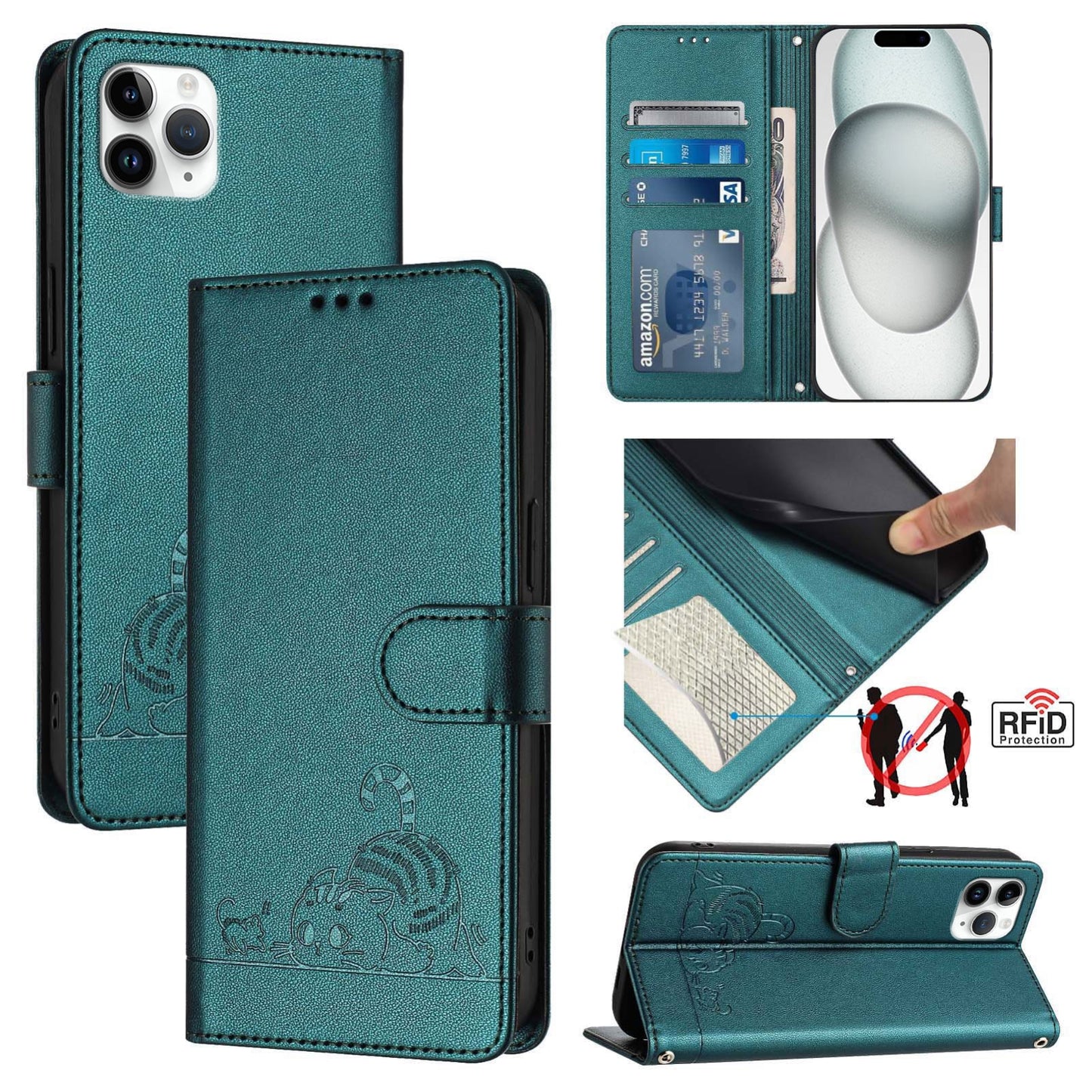 iPhone 11 Pro Max Cat and Mouse Embossed PU Leather RFID Case with Wallet Slots, Anti-Fall Protection, Kickstand, and Lanyard-buycases.co.uk