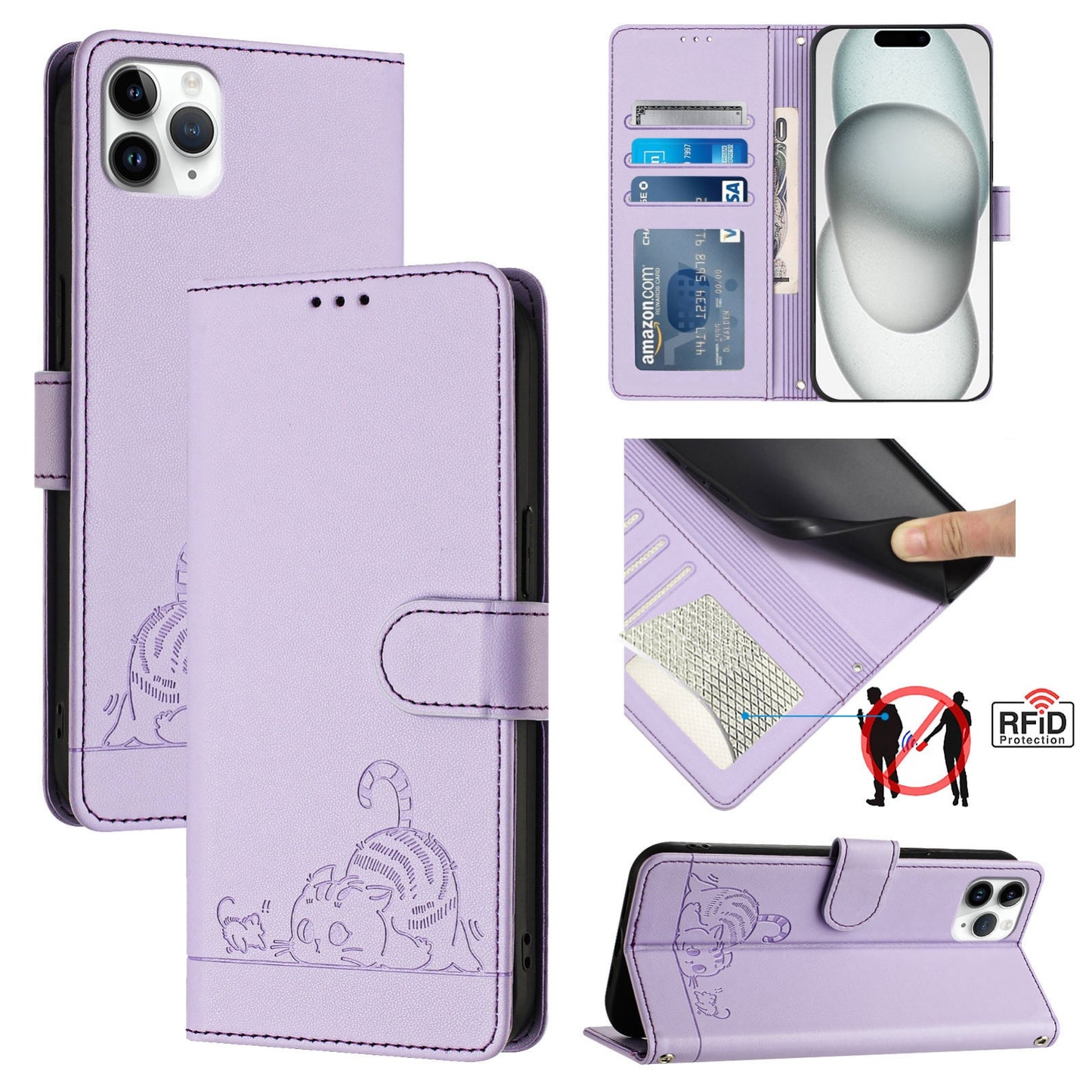 iPhone 11 Pro Max Cat and Mouse Embossed PU Leather RFID Case with Wallet Slots, Anti-Fall Protection, Kickstand, and Lanyard-buycases.co.uk