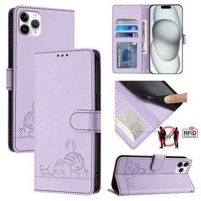 iPhone 11 Pro Max Cat and Mouse Embossed PU Leather RFID Case with Wallet Slots, Anti-Fall Protection, Kickstand, and Lanyard-buycases.co.uk