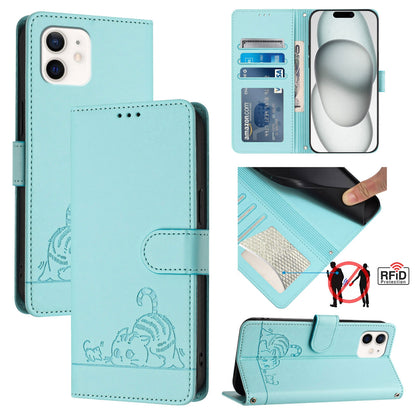 iPhone 11 Cat and Mouse Embossed PU Leather RFID Case with Wallet Slots, Anti-Fall Protection, Kickstand, and Lanyard-buycases.co.uk