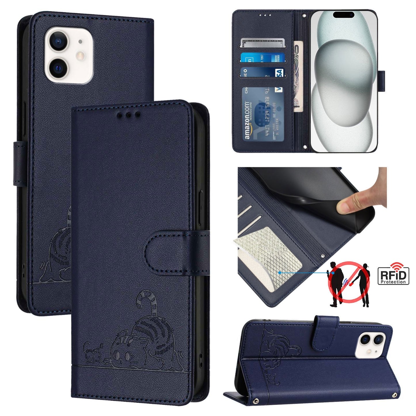 iPhone 11 Cat and Mouse Embossed PU Leather RFID Case with Wallet Slots, Anti-Fall Protection, Kickstand, and Lanyard-buycases.co.uk