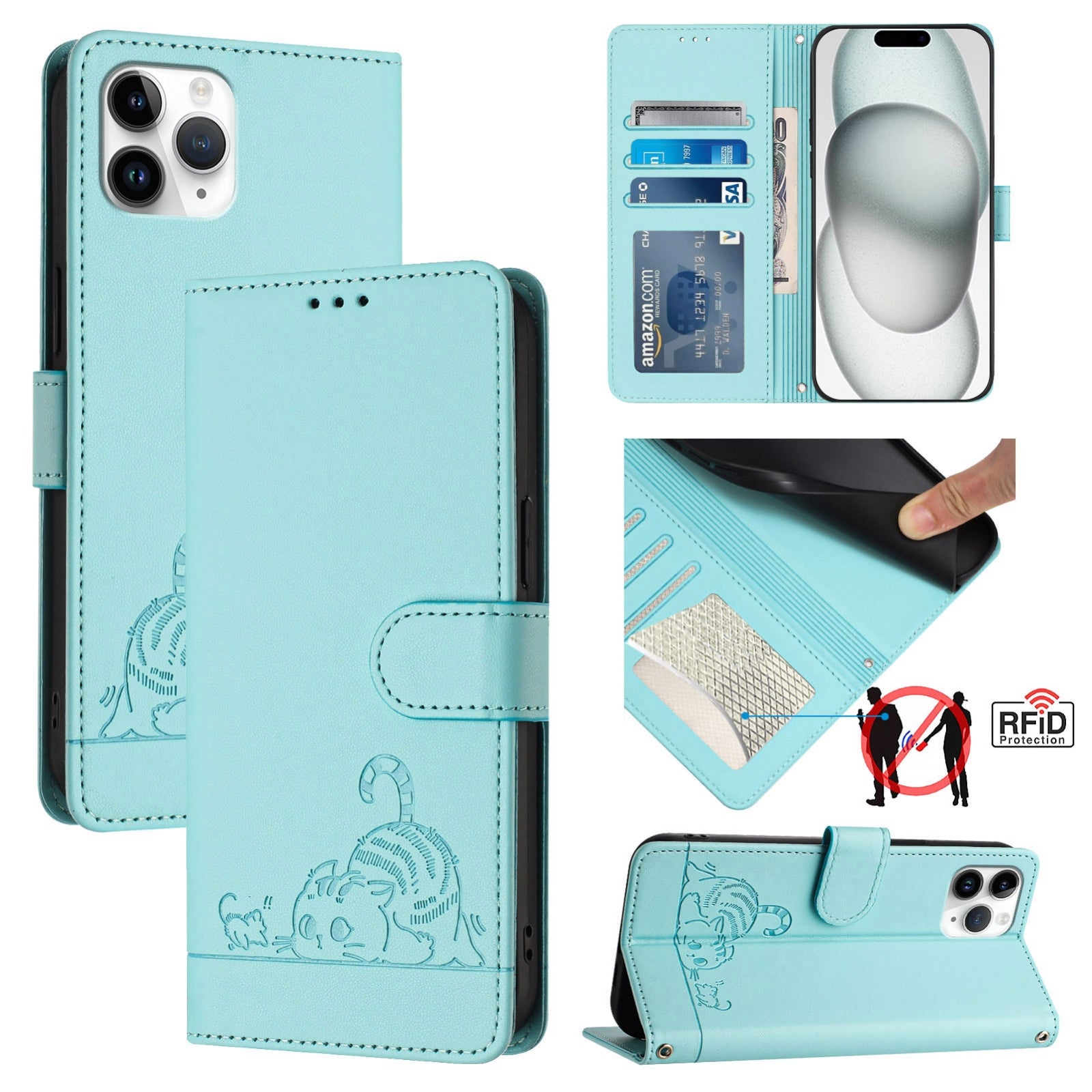 iPhone 11 Pro Cat and Mouse Embossed PU Leather RFID Case with Wallet Slots, Anti-Fall Protection, Kickstand, and Lanyard-buycases.co.uk