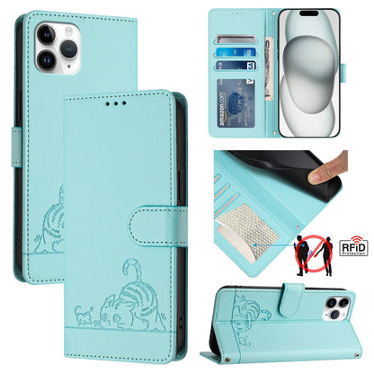 iPhone 11 Pro Cat and Mouse Embossed PU Leather RFID Case with Wallet Slots, Anti-Fall Protection, Kickstand, and Lanyard-buycases.co.uk
