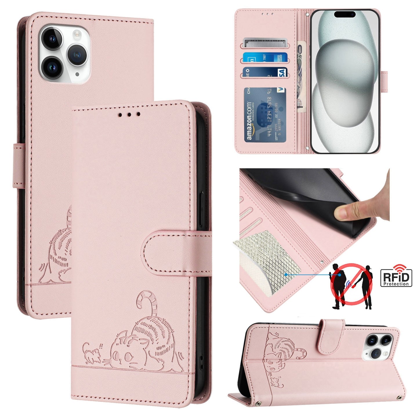 iPhone 11 Pro Cat and Mouse Embossed PU Leather RFID Case with Wallet Slots, Anti-Fall Protection, Kickstand, and Lanyard-buycases.co.uk