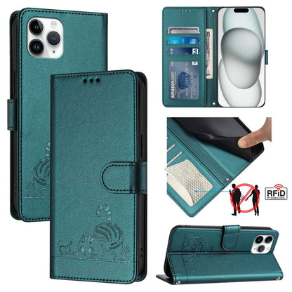 iPhone 11 Pro Cat and Mouse Embossed PU Leather RFID Case with Wallet Slots, Anti-Fall Protection, Kickstand, and Lanyard-buycases.co.uk