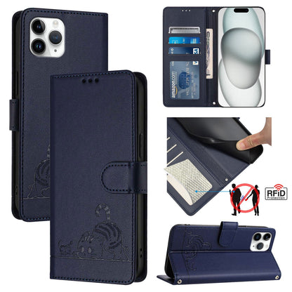 iPhone 11 Pro Cat and Mouse Embossed PU Leather RFID Case with Wallet Slots, Anti-Fall Protection, Kickstand, and Lanyard-buycases.co.uk