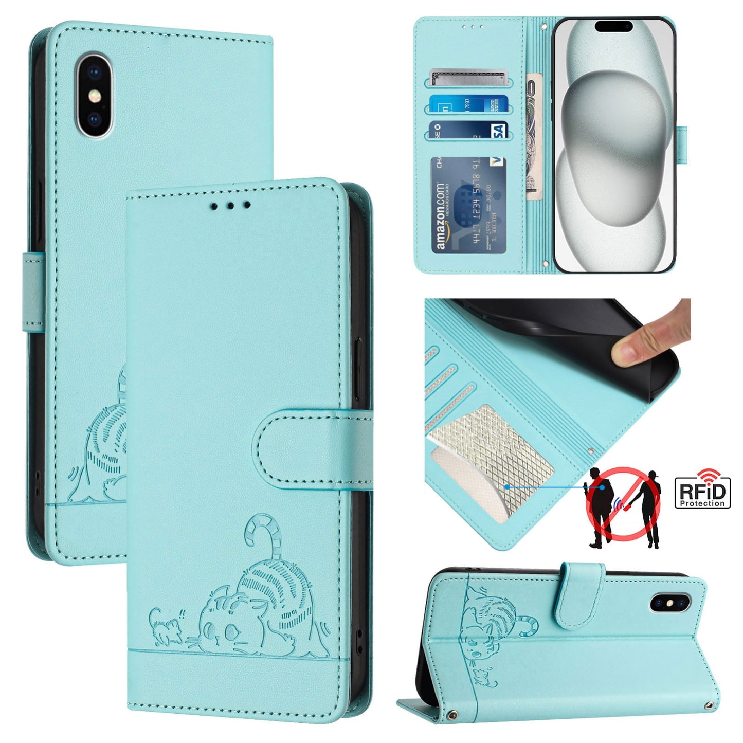iPhone X Cat and Mouse Embossed PU Leather RFID Case with Wallet Slots, Anti-Fall Protection, Kickstand, and Lanyard-buycases.co.uk