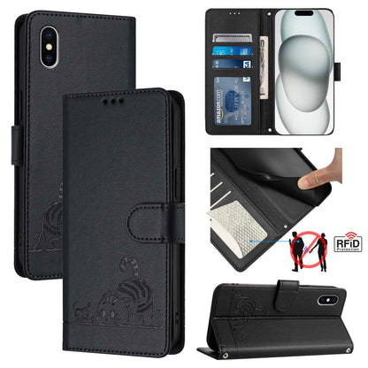 iPhone X Cat and Mouse Embossed PU Leather RFID Case with Wallet Slots, Anti-Fall Protection, Kickstand, and Lanyard-buycases.co.uk